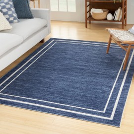 Nourison Essentials Indoor/Outdoor Solid Bordered Navy/Ivory 5' x 7' Area Rug, Easy Cleaning, Non Shedding, Bed Room, Living Room, Dining Room, Backyard, Deck, Patio (5x7)