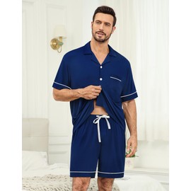 SWOMOG Mens Pajama Set Shorts Button Down Short Sleeve Sleepwear Soft Modal 2Pcs Pj Set with Pockets Navy Blue Medium