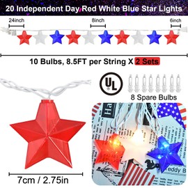 20Pcs 4th of July Decor Star Lights - 17Ft Red White and Blue Star String Lights Plug in Patriotic Decor Memorial Day Lights 4th of July Decorations for Home Yard Patio Party Lights(2 Set, 0.84W)