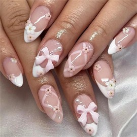 Yamobi Pack of 24 Artificial Nails, Glitter Press On Nails, Short, French Nails for Sticking, Y2K Press On Nails, Almond Shape Press On Nails French, DIY Manicure