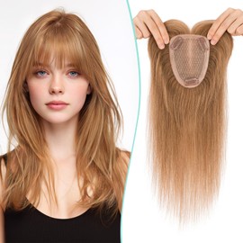 Benehair 100% Remy Human Hair Toppers for Women, 9 * 12CM Silk Base Hairpieces With Bangs 150% Density for Thinning Hair Light Brown 10 Inch