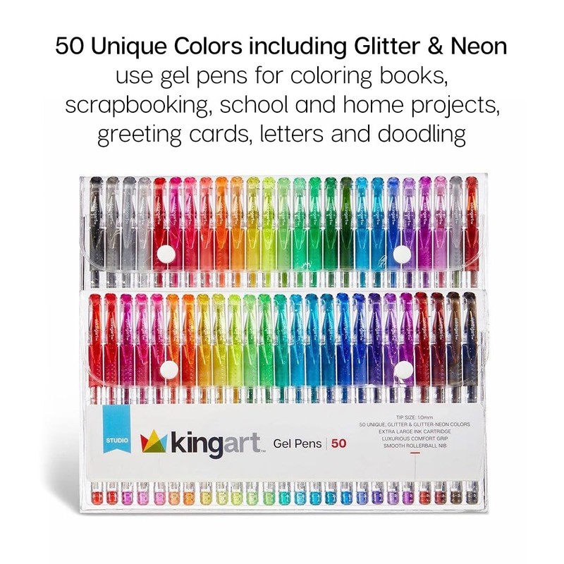 KINGART 400-50 Glitter Rollerball Gel Pens, 50 Sparkling Colors with