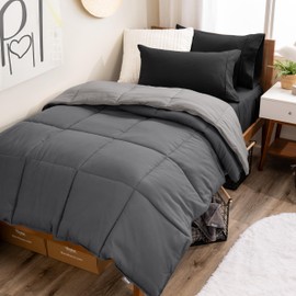 Bare Home Reversible Bed-in-A-Bag Comforter & Sheet Set - Twin - Down Alternative - Soft - Bedding Set (Twin, Grey/Light Grey, Black)