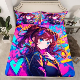 Erosebridal - Sábana bajera ajustable de anime para niñas, niñas, adolescentes, adultos, recámara de dibujos animados, juego de ropa de cama Kawaii, 3 piezas, color morado