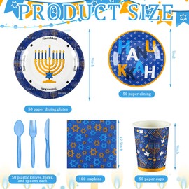 Hushee 400 Pcs Happy Hanukkah Party Supplies Dinnerware, Include Paper Plates, Paper Cups, Napkins, Plastic Knives, Forks and Spoons for Hanukkah Party Supplies, Severs 50 Guests