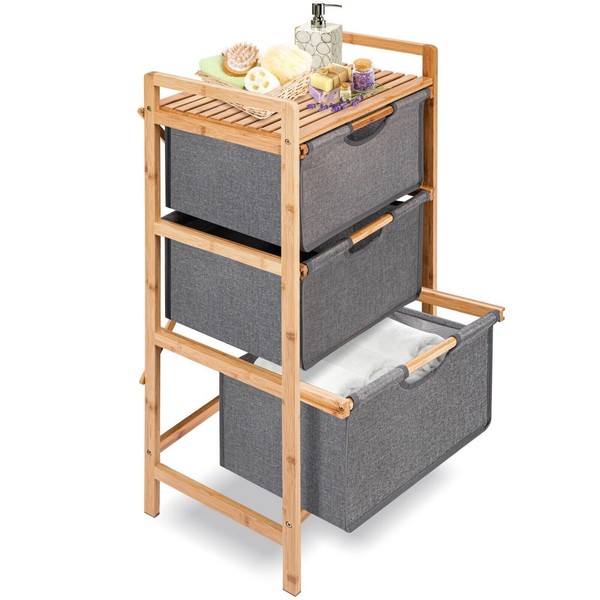 Serenelife 3 Tier Bamboo Shelf with Storage Hamper -Wooden Bamboo Removable Bags