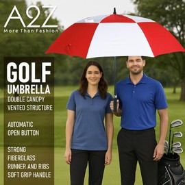 A2Z Golf Umbrella Auto Open Large Double Canopy Windproof Fiberglass Strong Ribs Easy Soft Grip Handle - Golf Umbrella AZ0125 Red