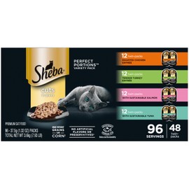 Sheba Sheba Perfect Portions Cuts in Gravy Wet Cat Food Variety Pack, Roasted Chicken Entre, Tender Turkey Entre, with Sustainable Salmon, and with Sustainable Tuna, 2.6 oz. Trays (48 Count, 96 Servings)