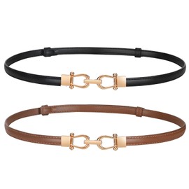 LEACOOLKEY Women Skinny Waist Belt with Gold Buckle Adjustable Leather Thin Waist Belt for Dress