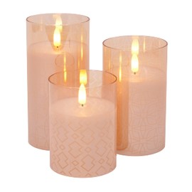 Mark Feldstein & Associates Mid Century Modern Flameless LED Glass Pillar Candles, Set of 3, 6 Inch, Metallic Rose Gold