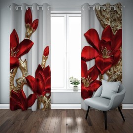AiMiDian Red Magnolia Floral Blackout Curtains 84 Inches Long, Metallic Flower Gold Living Room Kitchen Drapes Darkening Bedroom Thermal Insulated Window Treatment Curtains 2 Panel Sets 52"x84"