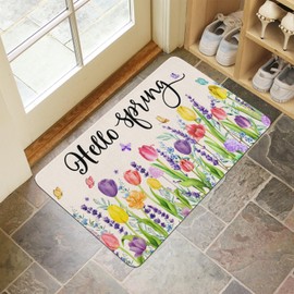 ayehsdogsn Spring Welcome Mats Hello Spring Floral Decor Door Mat Colorful Tulip Flower Indoor Entrance Cute Decorative Outdoor Doormats Non Slip Outside Door Mats for Front Door Rugs, 30 * 17 in