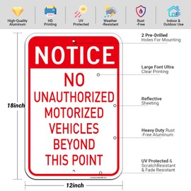 Large No Unauthorized Motorized Vehicles Beyond This Point Sign, 2Pack -18"x12" Engineer Grade Rust Free Reflective Aluminum, Fade & Weather Resistant, UV Protected, Indoor/Outdoor Use, Easy to Mount