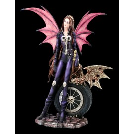 Elves Figurine Naira with Skeleton Dragon 25 cm Motorcycle Outfit - Dark Angel Design, Artificial Stone, Hand Painted, Gothic Angel Biker Decoration