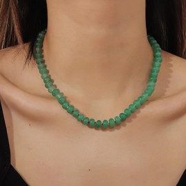 Qitian Green Beaded Necklace for Women,Summer Boho Bead Choker Necklace Natural Stone Surfer Beach Necklace