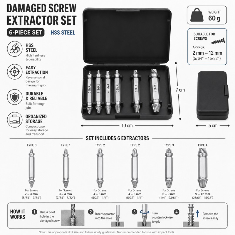6-Piece Screw Extractor Set for Damaged Fasteners – HSS Double-Ended