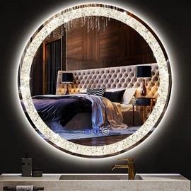 DIDIDADA 30 Inch Crystal Round Bathroom LED mirror with Front Light 3 Color 30 Inch Round Bathroom Lighted Vanity Mirror for Bathroom Wall Mounted Mirror Anti Fog Light up Bathroom Circle Smart Mirror