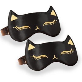 Drizzle Cat Eye Mask Natural Silk Sleep Mask Cute Smooth and Soft Eye Covers for Sleeping (2pcs Black)