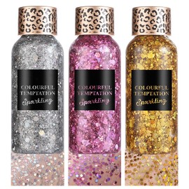 Pack of 3 Body Glitter Gel, Festival Glitter Face, Mermaid Chunky Sequins for Hair, Lips, Nails, Body Lotion Glitter Liquid Eyeshadow, Mermaid Sequins, Sparkling Party Make-Up Cosmetics