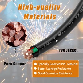 25 FT Portable Power Cable, 10/4, 10 AWG, 4-Conductor SJOOW 300V Pure Copper Electrical Wire for Motor Leads, Portable Lights, Battery Chargers, and Machinery