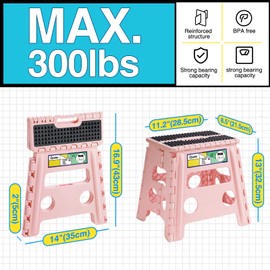 Uinicor 13" Folding Step Stool for Adults and Kids Holds Up to 300 lbs,Non-Slip Folding Stools with Handle, Compact Plastic Foldable Step Stool for Bathroom,Bedroom, Kitchen,Sakura Pink 1pc