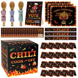 81 Pcs Chili Cook off Decorations Include 1 Ballot Box 50 Pcs Voting Cards 3 Chili Champion Wooden Serving Spoons Wooden Sign 20 Place Cards 3 Certificates 3 Award Sashes for Party Supplies