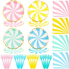96 Pcs Pastel Paper Plates Disposable Dinnerware Set Include 24 9" Pastel Plates 24 7" Party Plate 24 Napkins and 24 Forks, 4 Color Pastel Party Supplies for Easter Birthday Baby Shower