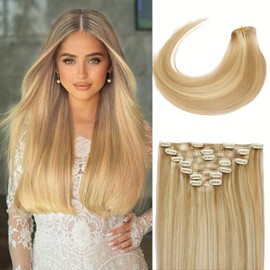 HILYN Clip in Human Hair Extensions, 120g Clips Light Brown Highlighted Platinum Blonde Real Human Straight Thick Silky Hair Clip in Extensions 7 PCS/Pack 20 Inch Clip in Hair Extensions for Women
