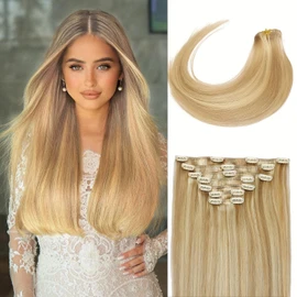 HILYN Clip in Human Hair Extensions, 120g Clips Light Brown Highlighted Platinum Blonde Real Human Straight Thick Silky Hair Clip in Extensions 7 PCS/Pack 20 Inch Clip in Hair Extensions for Women