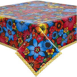 Freckled Sage Betty's Bunch Black Oilcloth Tablecloth with Yellow Gingham Trim You Pick The Size
