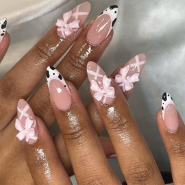 24 Pcs Spring Press on Nails Short Almond,YIHONGYAN Fake Nails Press ons 3D Pink French Nail Art Tip Acrylic Kit Glue on Nails Full Cover False Nails Butterfly Spotted Design Stick on Nails for Woman