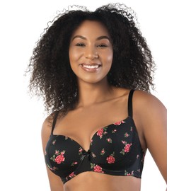 PARFAIT Casey 2801 Women's Wired Padded Plunge Seamless T-Shirt Bra-Black w Rose Print-36FF