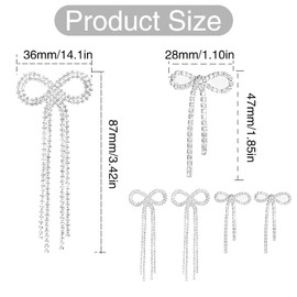 2 Pairs of Bow Rhinestone Dangle Earrings Silver Bowtie Tassels Ribbon Diamond Chain Drop Earring Studs Dangling for Women Bridal DIY Earrings Findings Wedding Prom Gift