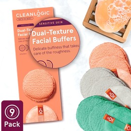 Cleanlogic Bath & Body Dual-Texture Facial Buffers for Sensitive Skin, Removes Makeup & Exfoliates Dull & Dry Skin, Vegan-Friendly - Pack of 9