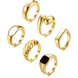 Thunaraz 6Pcs Thick Chunky Dome Rings for Women 14k Gold Plated Ring Round Braided Twisted Signet Rings Trendy Stacking Minimalist Statement Ring Jewelry Size 6-11