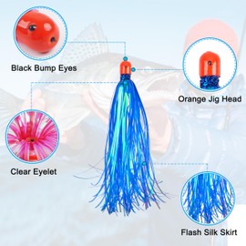 OROOTL Mylar Flash Teaser Tail Bucktail Teasers Weighted Jig Head Fishing Lures Mylar Fishing Skirt Hair Bait Jigs 3/8oz Bullet Sinkers Head with Bucktail Teaser 10pcs/Pack