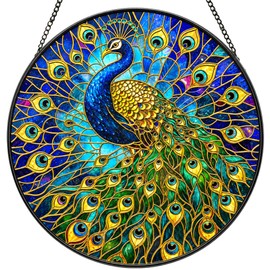 Peacock Stained Glass Suncatcher for Window, 9.8" Real Glass Window Hanging Decor, Vibrant Blue Sun Catchers Indoor Outdoor Garden Patio Decor, Unique Bird Gifts for Women, Mom, Grandma