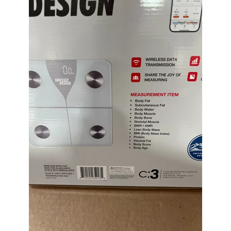 Swiss Design Wireless Body Fat Analysis Glass Bath Scale New