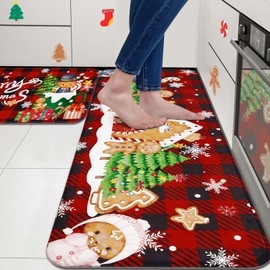 Merry Christmas Gingerbread Kitchen Rugs Set of 2, Xmas Red Buffalo Grid Kitchen Mats Decor, Non Slip Kitchen Rug and Mat Washable, Absorbent Kitchen Floor Mat for Bathroom Sink, 17x30 +17x47 Inch