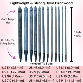 Lykke Indigo 6 in. Set Sizes 3.5, 3.75, 4.0, 4.5, 5.0, 5.5, 6.0, 6.5, 8.0, 9.0, 10.0, 15.0 mm Tunisian Crochet Hooks for DK, Worsted, Chunky, Jumbo Yarns Birchwood, 5 Cords, Azure Case, Project Bag