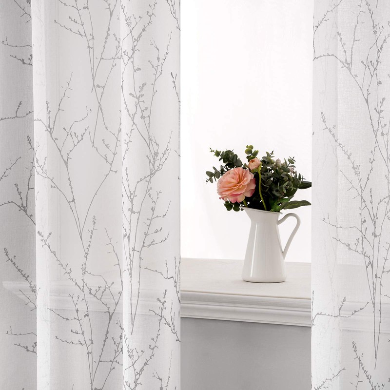 MIULEE Print Grey White Sheer Curtain 2 Panels for Bedroom