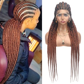 Alebery 36" Full Lace Braided Wigs for Black Women Jumbo Box Braids Lace Front Wig with Baby Hair Lightweight Synthetic Lace Frontal Black Cornrow Twisted Wigs (Brown Mixed Black)
