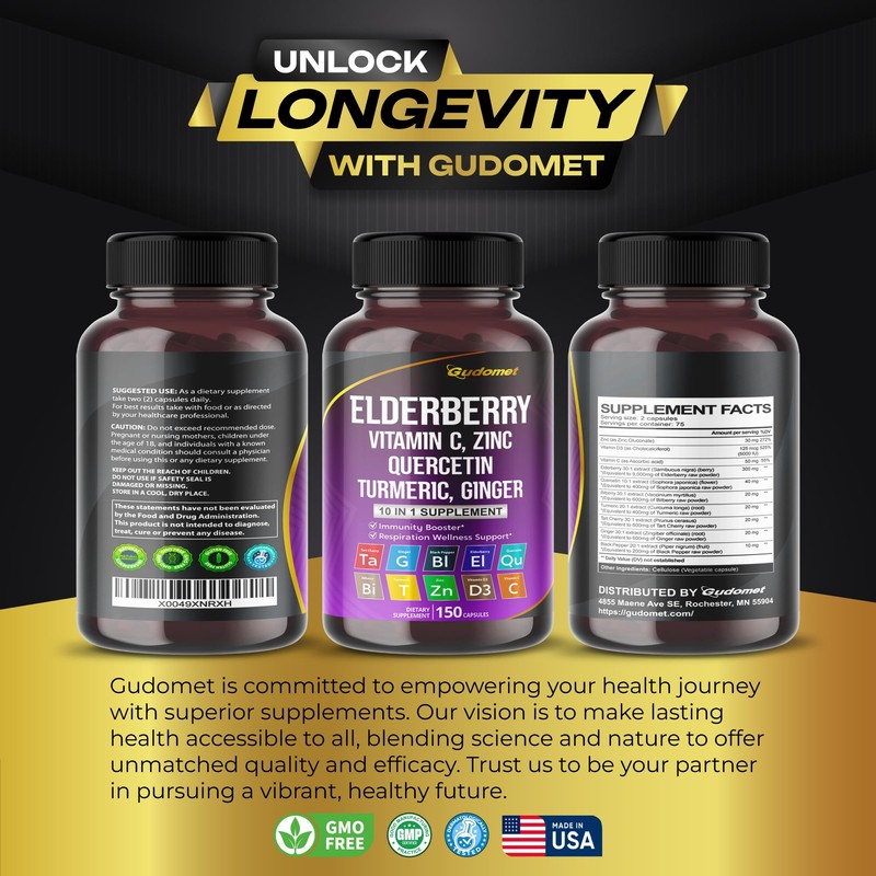 GUDOMET Elderberry Quercetin Bilberry Turmeric Tart Cherry Ginger Vitamin C
