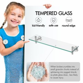 KES Glass Shelf for Bathroom Rectangular 20-Inch Floating Shelves 3 Pack with Rustproof Stainless Steel Brackets Wall Mounted Brushed Finish, A2021-2-P3