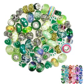 HKYLRAT 60 Pieces European Assorted Large Hole Spacer Beads Assortments Glass Charm Beads Rhinestone Beads Supplies for DIY Necklace Bracelets Jewelry Making (Green)