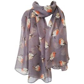 GlamLondon Women's Watercolour Robin Bird Printed Christmas Scarf (Grey)
