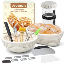 Soudough bread baking supplies, Upoomart Banneton Bread Proofing Basket Set of 2, 9 Inch Round & 10 Oval Cane, 34oz Sourdough Starter Jar Kit, Dough Scraper Linen Liner