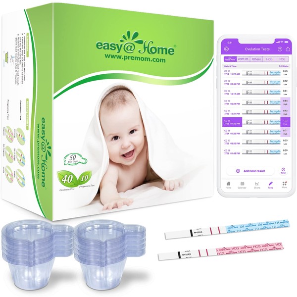 Easy@Home 40 Ovulation & 10 Pregnancy Test Strips Kit with Urine Cups: Accurate Ovulation Predictor Kits - Fertility Test | 40LH + 10HCG + 50 Urine Cups