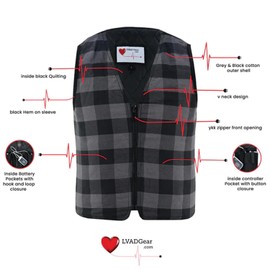 LVAD Gear Flannel Vest for LVAD Patients - Durable and Comfortable LVAD Clothing with Controller & Battery Pockets (Grey & Black) - Medium