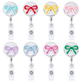 PLIGREAT Pack of 8 Colourful Bow Badge Holders, Retractable ID Badge Holder Clip Pink Bow Nursing Badge Reel with Clip Teacher Student Name Badge Holders Medical Hospital Accessories for Work, 8